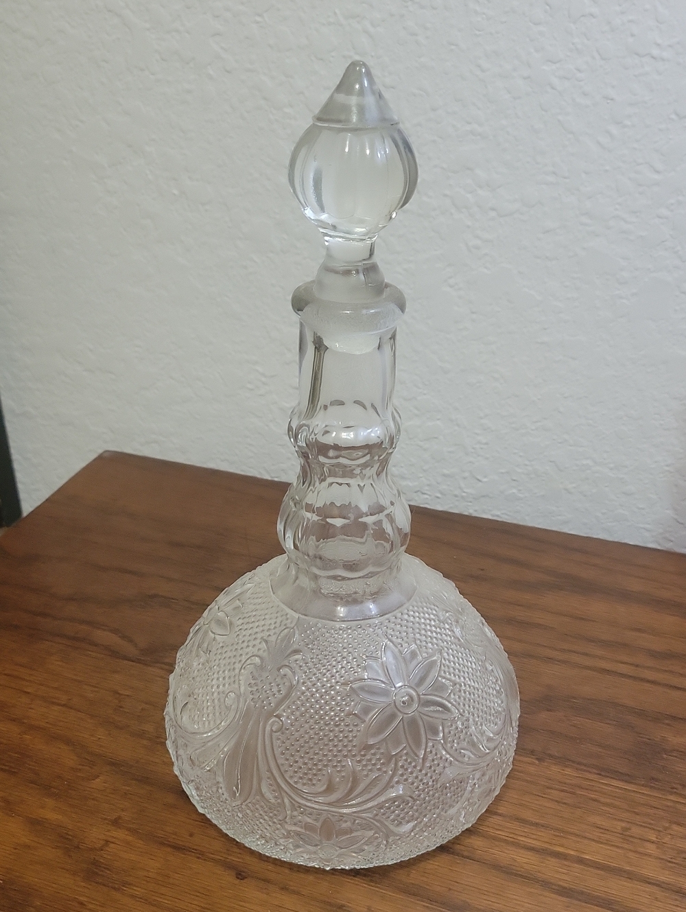 Clear Vintage Pressed Glass Decanter Bottle with Floral Motif